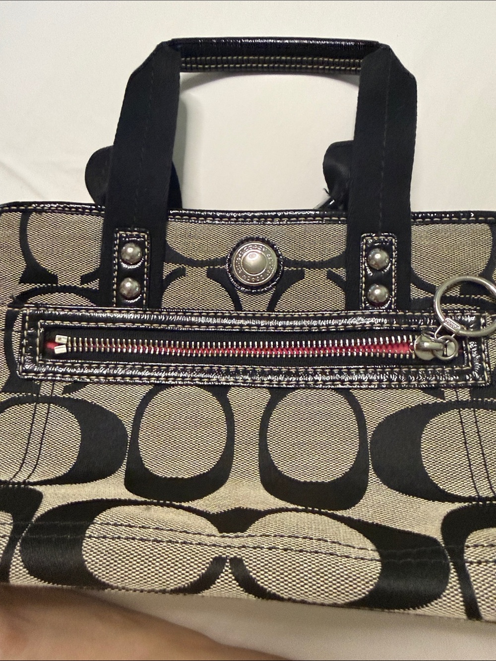 Coach Black and Beige Signature Canvas Tote with Front Zip
